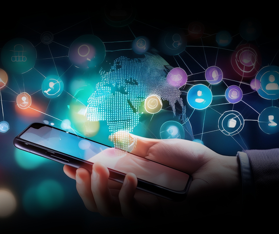 Hand Holding A Smartphone With Digital Network Icons And A Global Map Overlay, Representing Jm Legacy Law’s Social Media And Online Communication Channels.